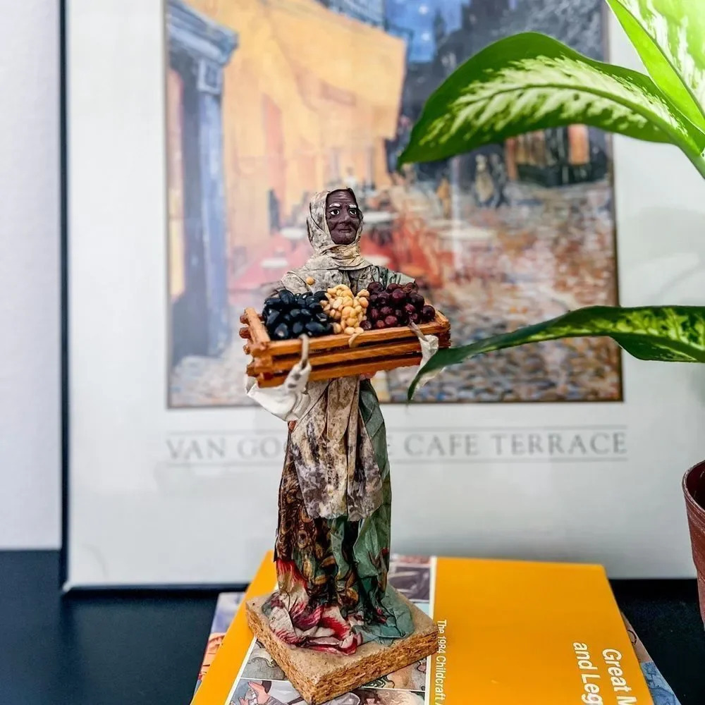 Paper Mache Old Woman Carrying Beans in a Basket‎ Crate Folk Art Figure size 12”